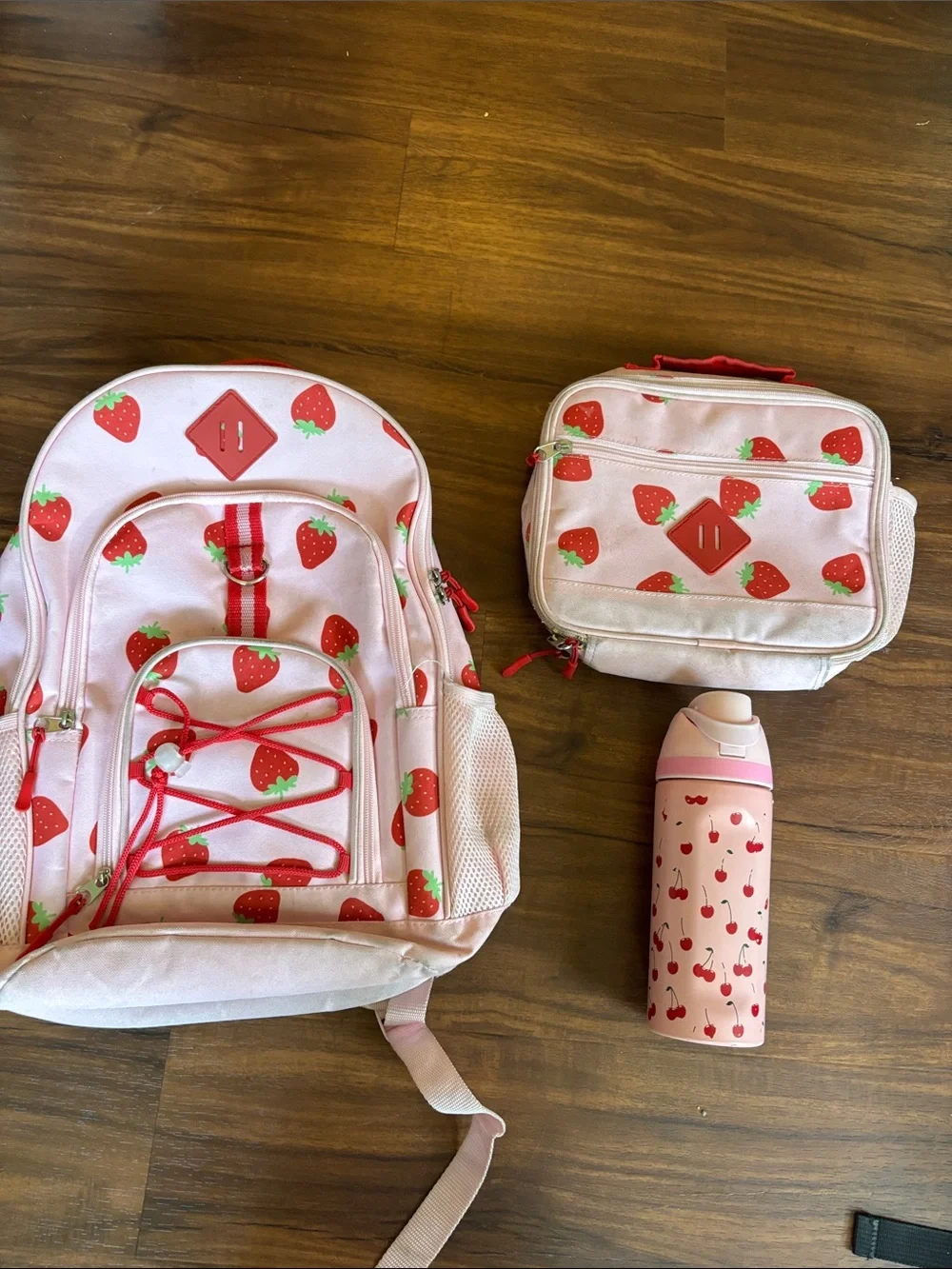 Pink Strawberry Kids Backpack, Lunch Bag & Bottle Set